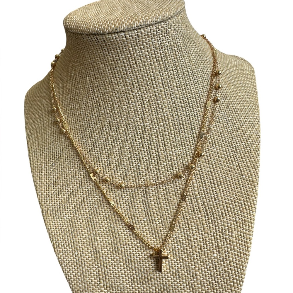 Boho Gold Double Strand Beaded Cross Necklace